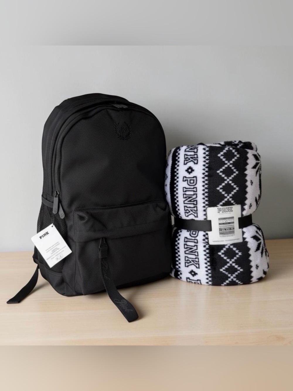 PINK Victoria’s Secret Classic Canvas Backpack & Dog Sherpa Bedding Blanket